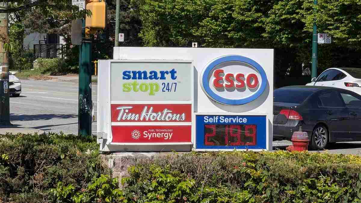 Gasoline prices displayed at an Esso station in Vancouver, May 2026