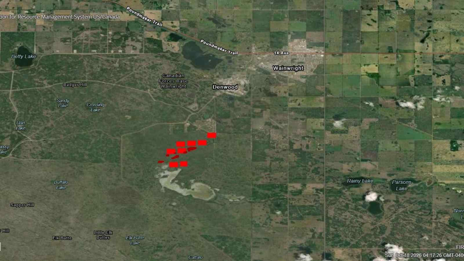 Satellite image of the CFB Wainwright fire in Alberta