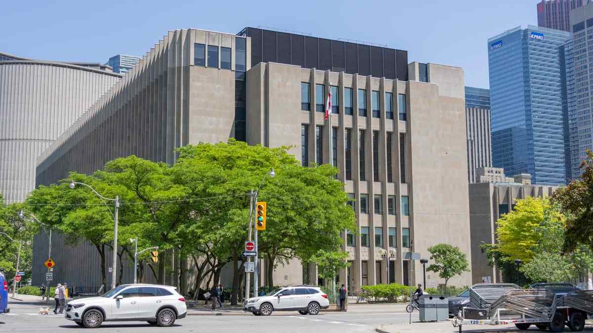 Toronto courthouse on University Avenue, where the Aiden Pleterski 'Crypto King' fraud trial is being heard