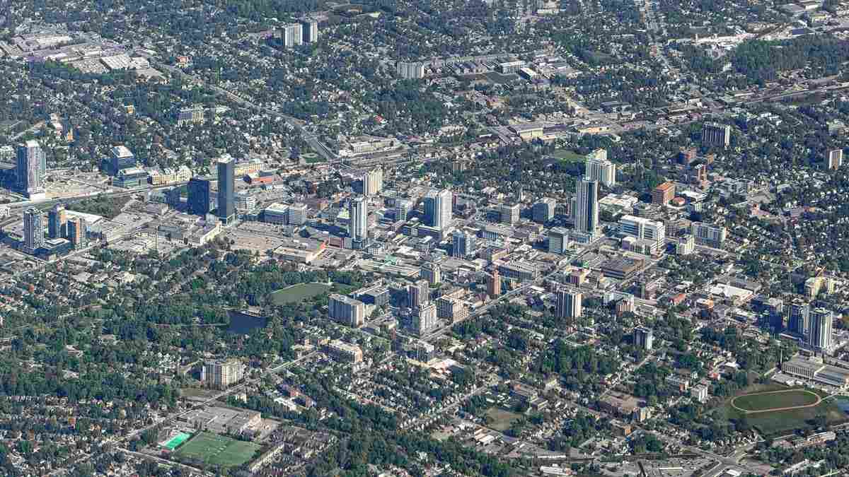 Aerial view of downtown Kitchener, Ontario, the city where the October 16 Express Entry overhaul was announced