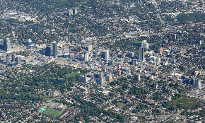 Aerial view of downtown Kitchener, Ontario, the city where the October 16 Express Entry overhaul was announced