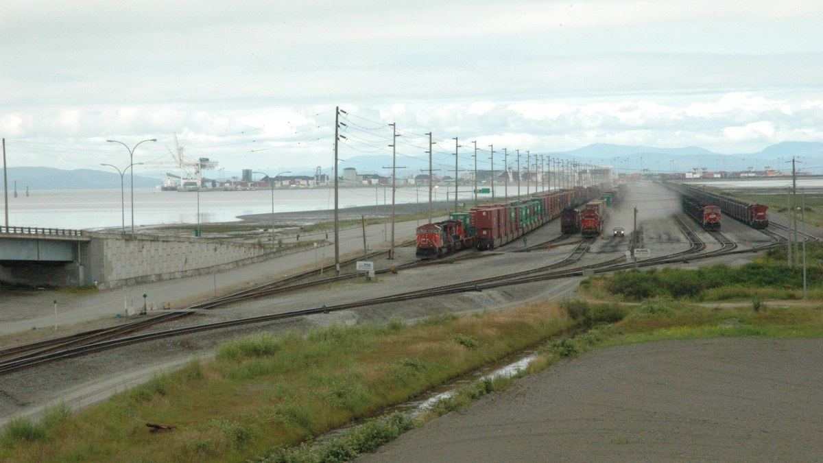 Rail yard and container terminal at Roberts Bank (Deltaport) in Delta, British Columbia