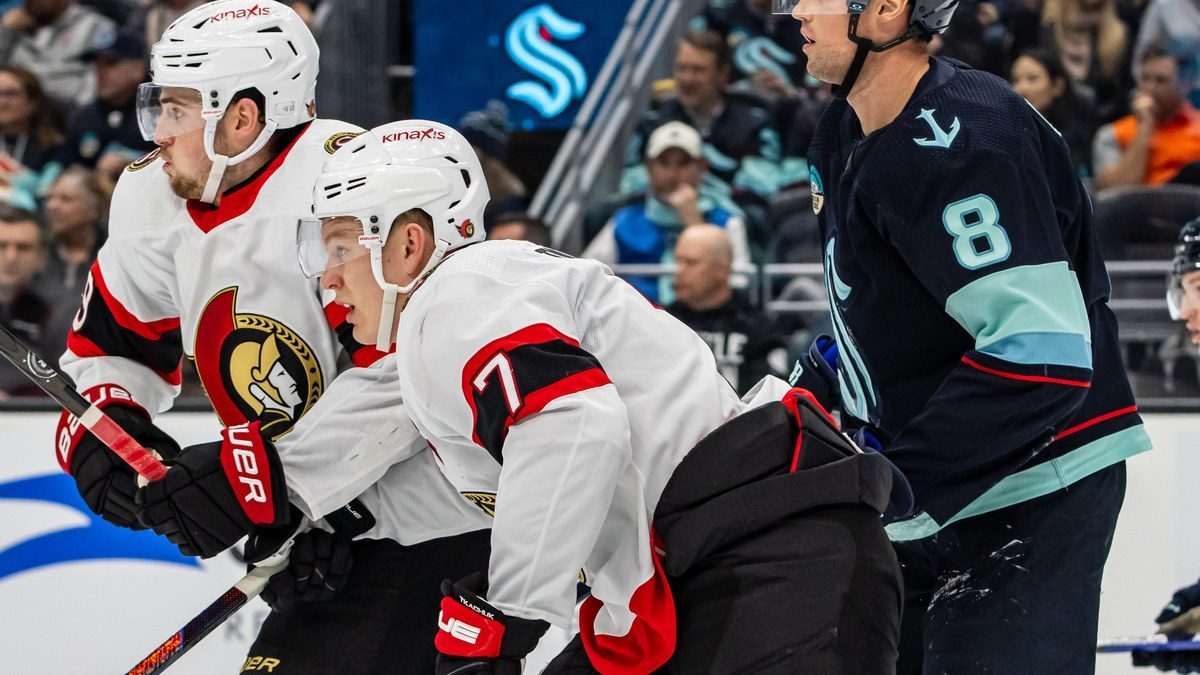 Brady Tkachuk skating during an NHL game