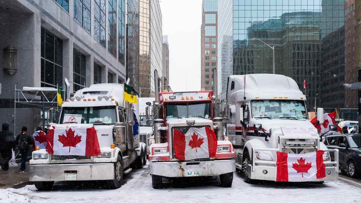 Trucks parked in downtown Ottawa during the Freedom Convoy protests in February 2022
