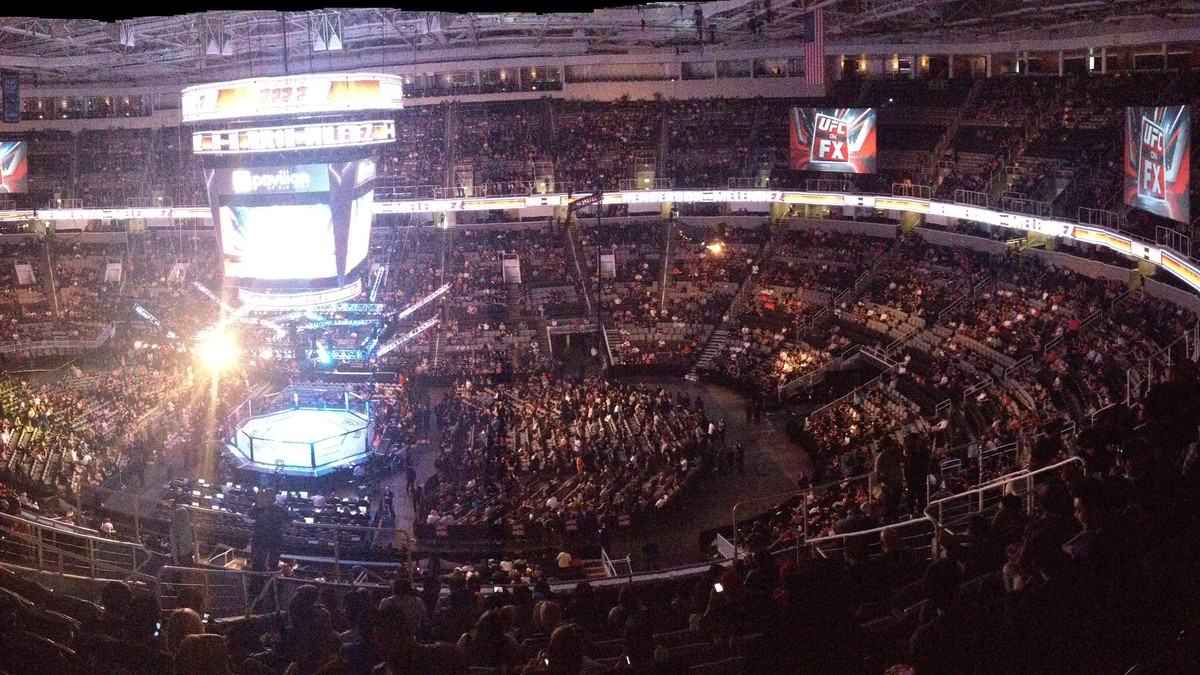 The Octagon under arena lights during a UFC event (file photo, not Saturday's Edmonton card)